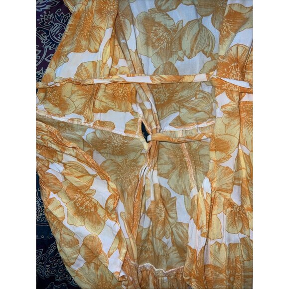 XIX Palms Madagascar Floral Party Mini Wrap Ruffle Tropical Dress M Orange White - Picture 11 of 12